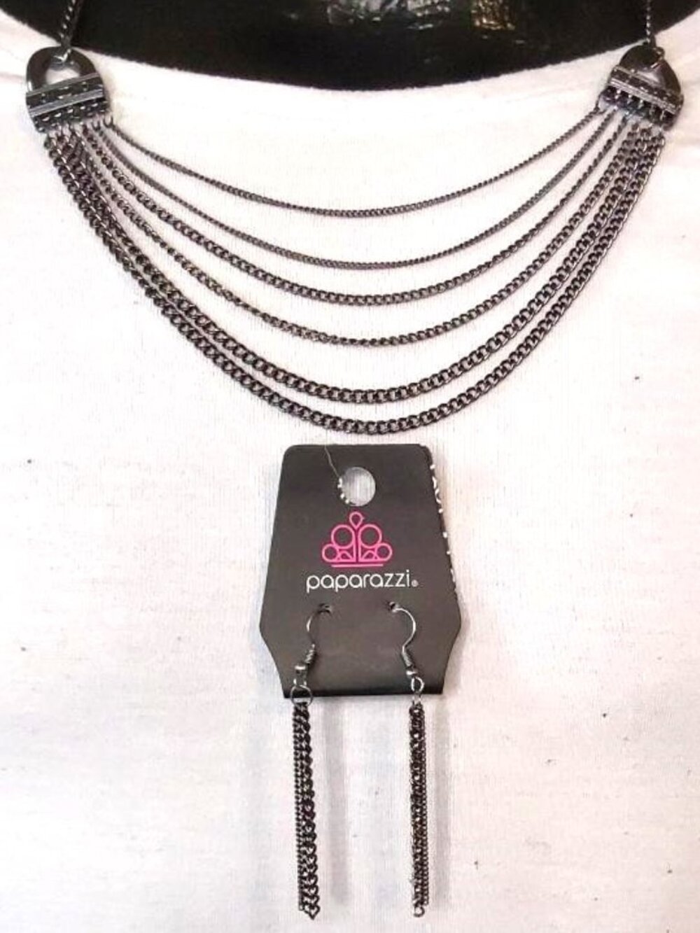 Paparazzi Multi-Strand Gunmetal Chain Necklace and Earring Set